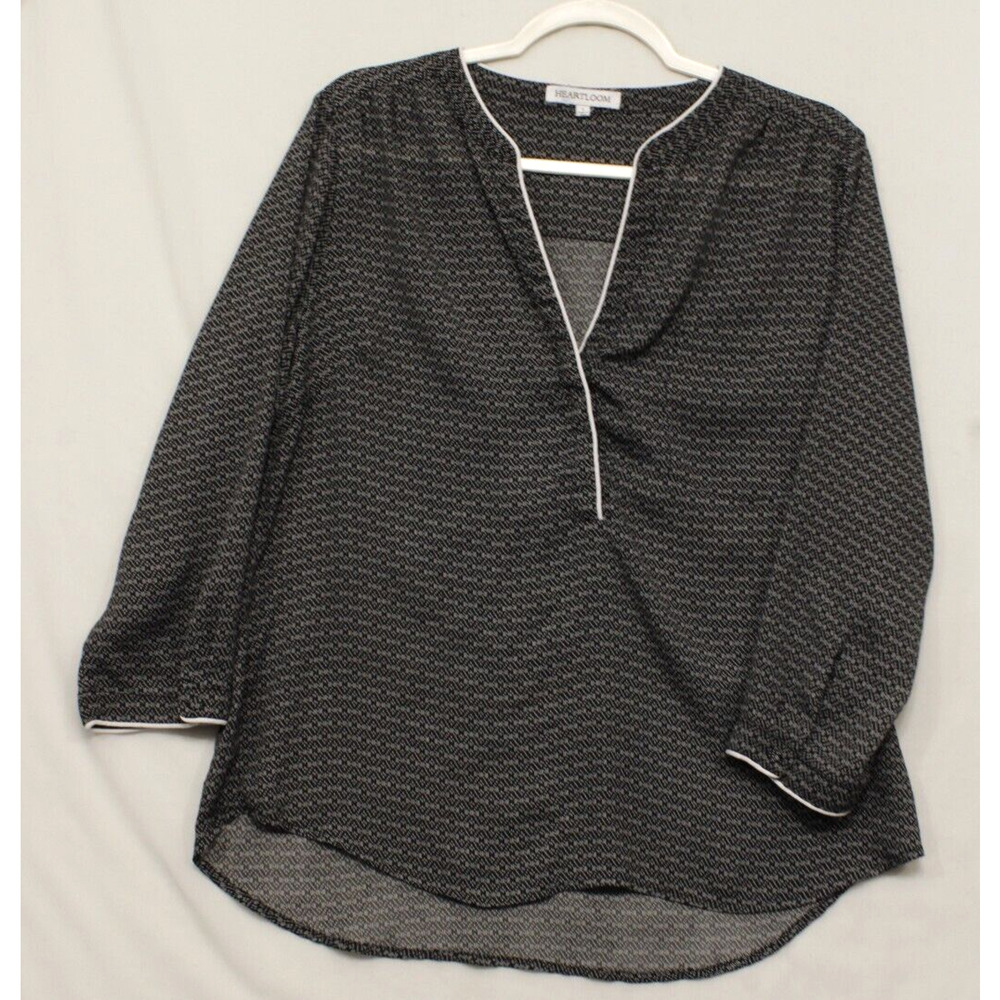 Heartloom Popover Blouse Women L Long Sleeve Piping Black White Pocket Office